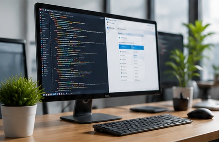 Software development workspace with code displayed on a monitor